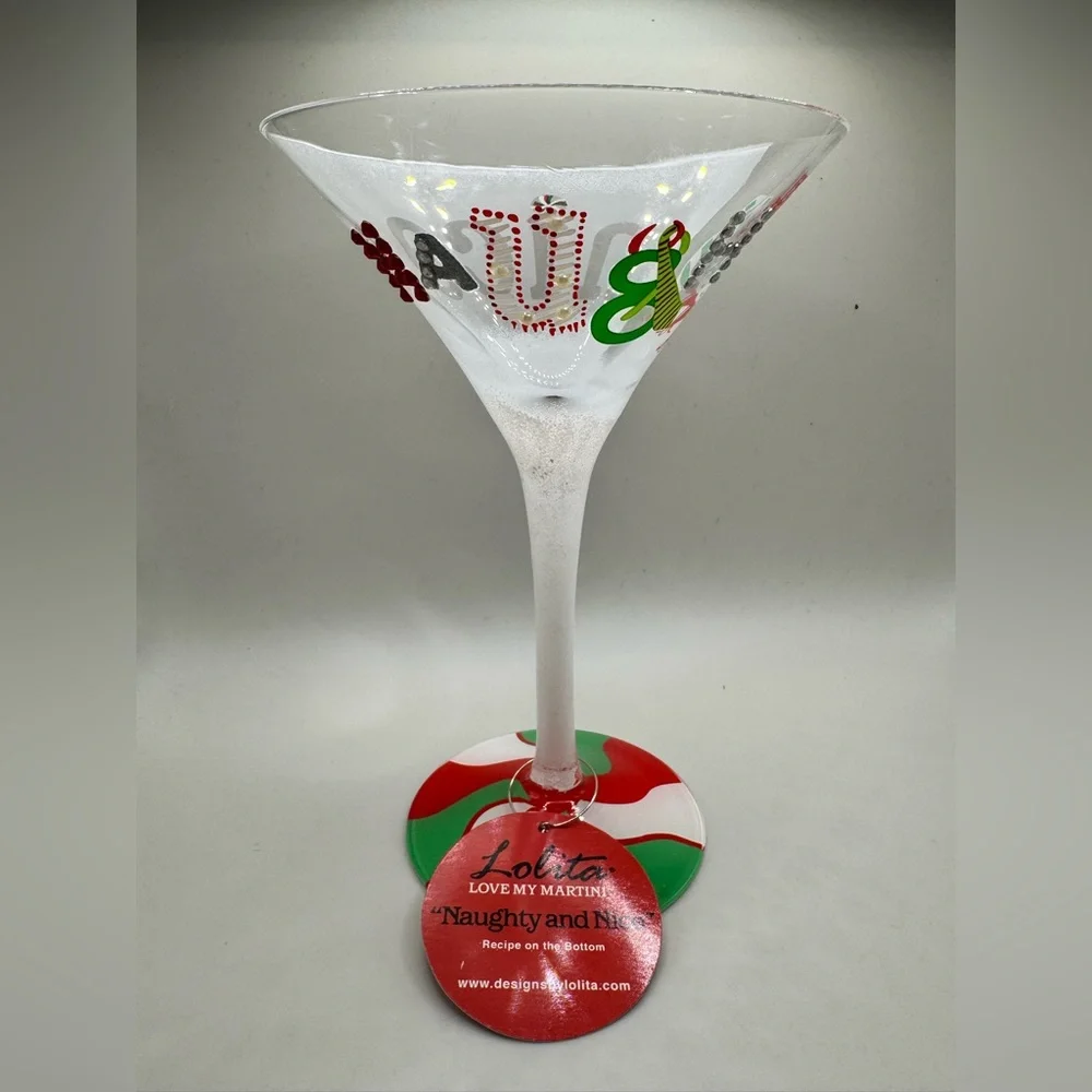 Lolita Naughty and Nice Christmas Martini Glass NIB Hand Painted Collectible 7oz